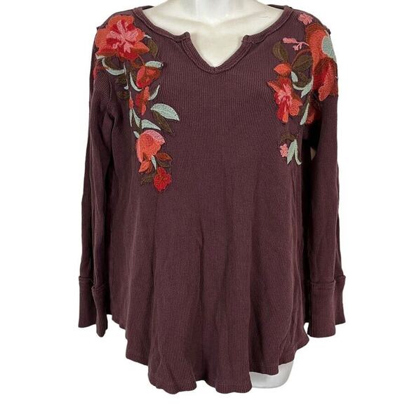 Soft Surroundings Womens Waffle Knit Embroidered Floral V-Neck Long Sleeve Top S - Picture 1 of 16